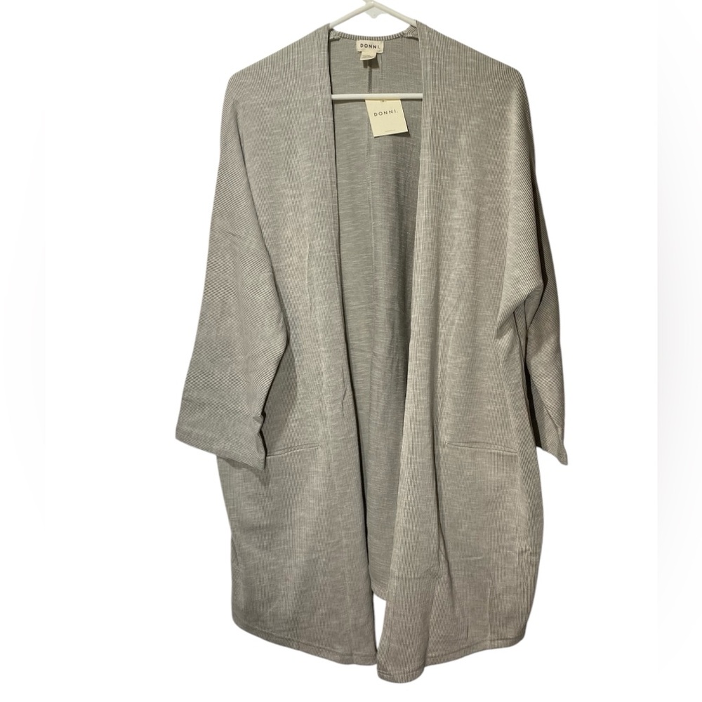 NEW DONNI SANDWASH RIBBED CARDIGAN SWEATER GRAY STRIPE SZ OS OPEN FRONT POCKETS